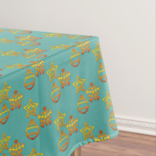 Elegant Bright Golden Christmas Pattern on Teal Tablecloth