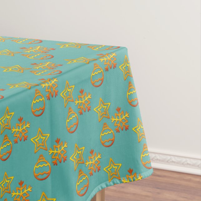 Elegant Bright Golden Christmas Pattern on Teal Tablecloth (In Situ)