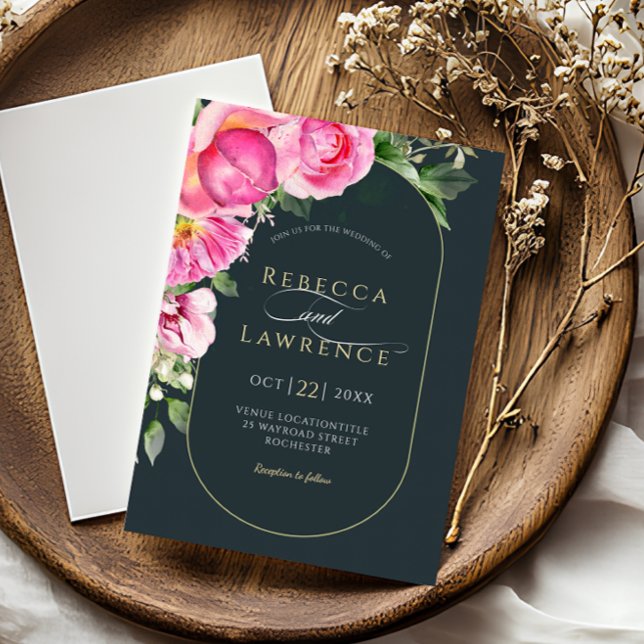 Elegant bright pink floral arch wedding invitation (Creator Uploaded)