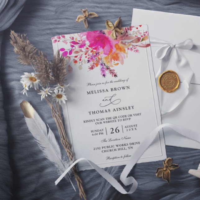 Elegant Bright Pink Floral Budget QR Code Wedding Invitation (Creator Uploaded)