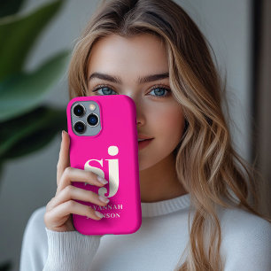 Elegant bright pink monogram initials iPhone 13 pro max case