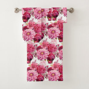 Elegant Bright Pink Peonies Roses Floral Towel Set