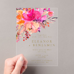 Elegant Bright Pink Watercolor Floral Wedding Acrylic Invitations