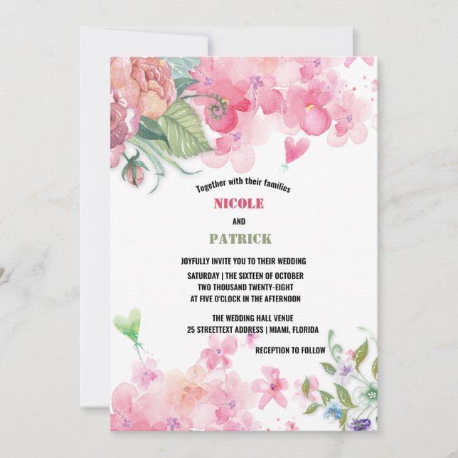 Elegant Bright Pink Watercolor Floral Wedding  Invitation (Front)