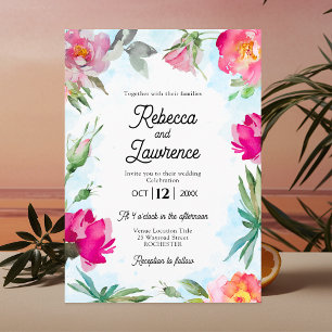 Elegant bright pink watercolor floral wedding  invitation