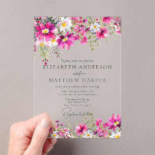 Elegant Bright Pink Wildflowers Floral Wedding Acrylic Invitations