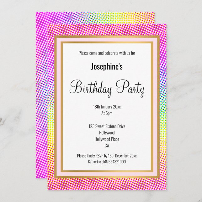 ELEGANT BRIGHT RAINBOW  GOLD BIRTHDAY INVITATION (Front/Back)