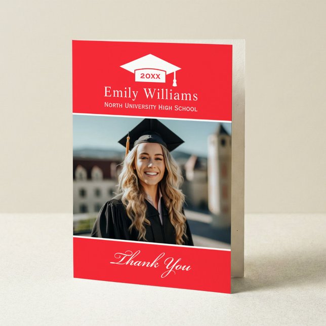 Elegant Bright Red Personalised Graduation Photo Thank You Card (Creator Uploaded)