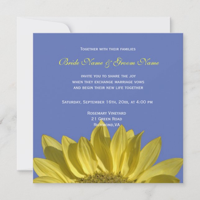 Elegant, bright  sunflower in blue, wedding invite (Front)
