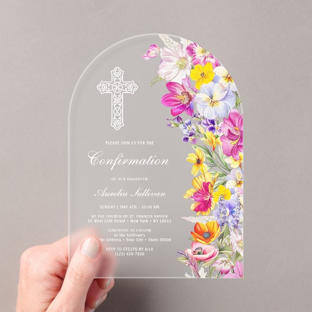 Elegant Bright Wildflowers Arch Confirmation Acrylic Invitations (Insitu (Handheld))