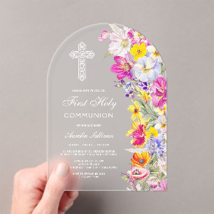 Elegant Bright Wildflowers Arch First Communion Acrylic Invitations