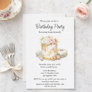 Elegant Brithday Blush Rose & Gold Cake  Invitation
