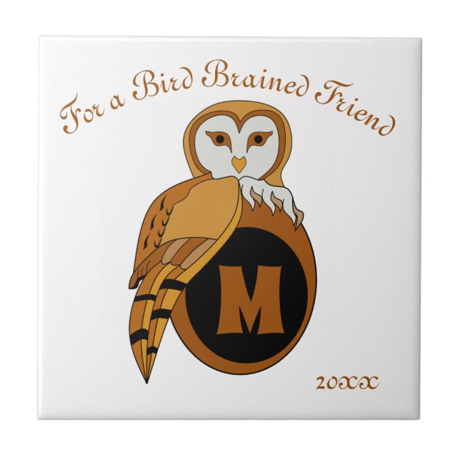 Elegant British Barn Owl Monogram Ceramic Tile (Front)