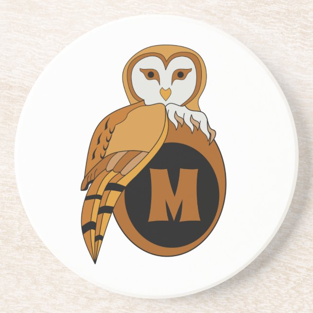 Elegant British Barn Owl Monogram Coaster (Front)