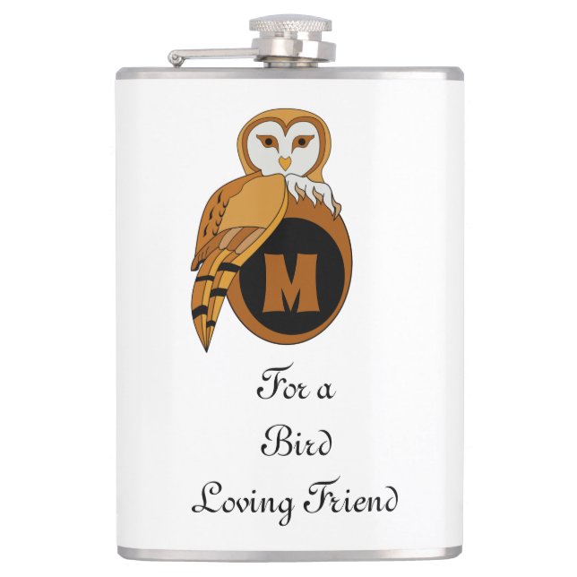 Elegant British Barn Owl Monogram Hip Flask (Front)
