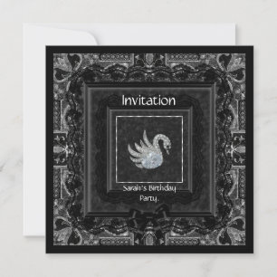 Elegant Brocade Black Lace Bow Swan 2 Invitation