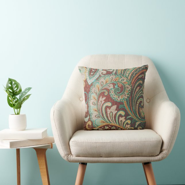 Elegant Brocade Brown, Teal, Gold Throw Pillow (Chair)