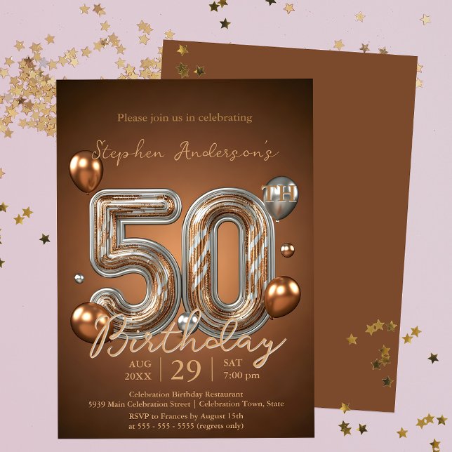 Elegant Bronze and Silver Balloons 50th Birthday Invitation (Creator Uploaded)