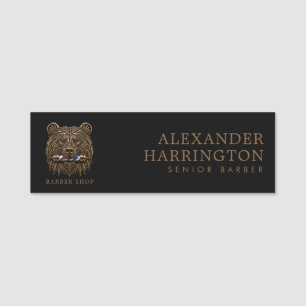 Elegant Bronze Bear Barber Shop Logo Staff Name Tag