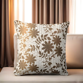 Elegant bronze flowers on hexagonal grid cushion
