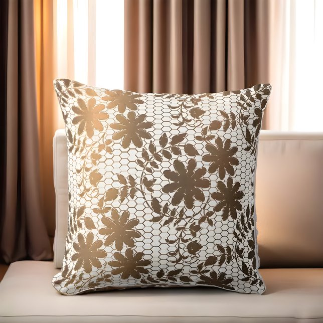 Elegant bronze flowers on hexagonal grid  cushion (Creator Uploaded)