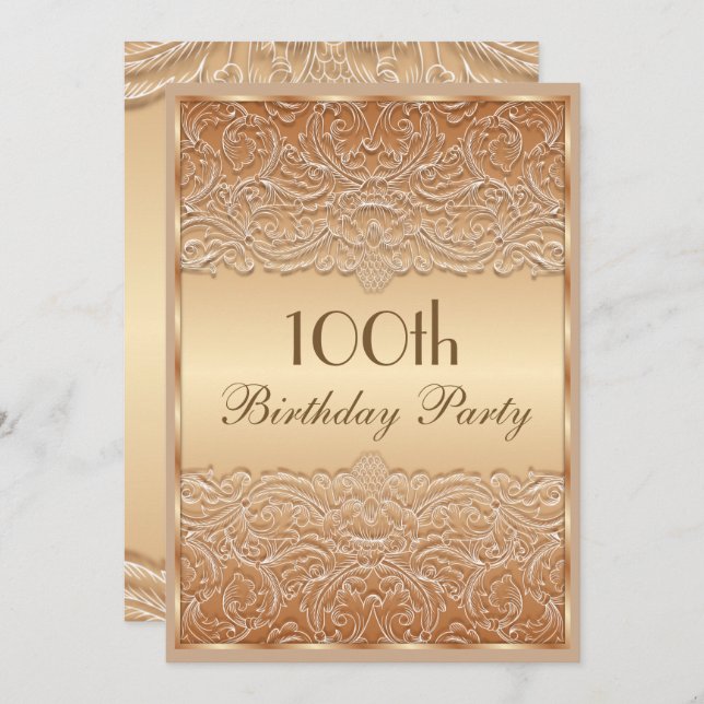 Elegant Bronze French Lace 100th Birthday Invitation (Front/Back)