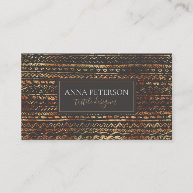 Elegant Bronze Gold Tribal Ethnic Pattern Business Card (Front)