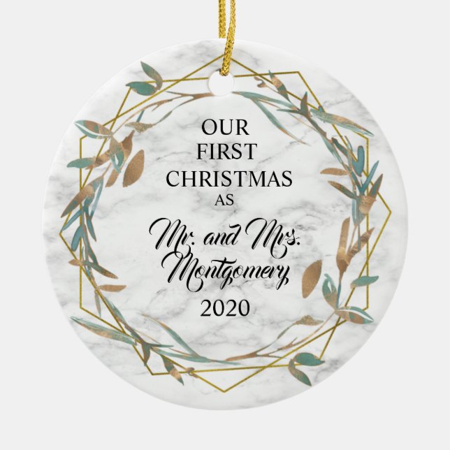 Elegant Bronze Greenery First Christmas Married Ceramic Ornament (Front)