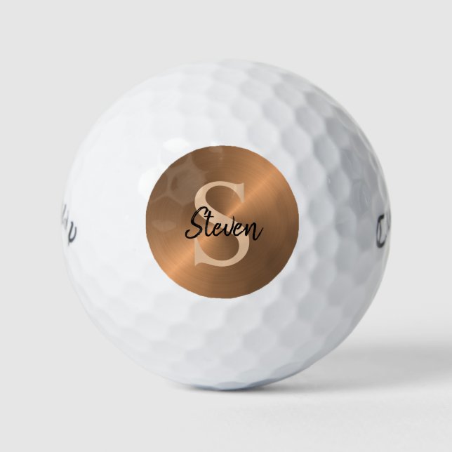 Elegant Bronze Metallic Monogram Name Mens Golf Balls (Front)