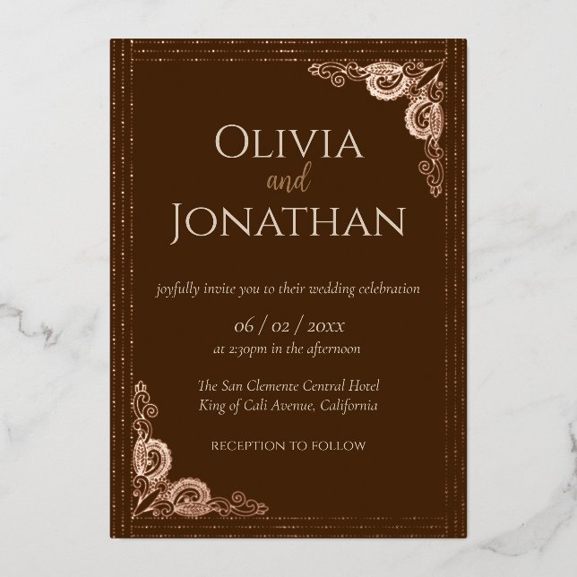 Elegant Bronze ornate Wedding Foil Invitation (Front)