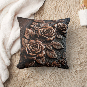 Elegant Bronze Roses on Intricate Leather Cushion