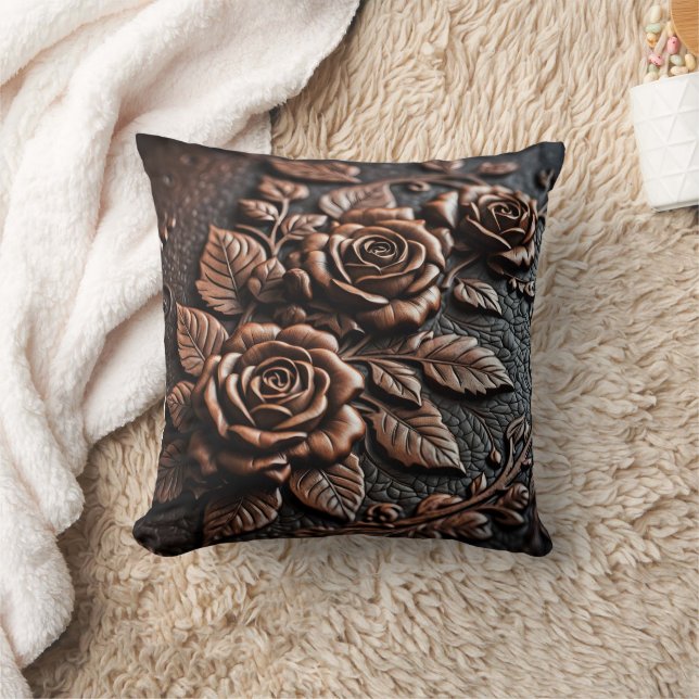 Elegant Bronze Roses on Intricate Leather Cushion (Blanket)