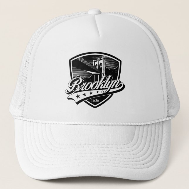 Elegant Brooklyn Shield and Swoosh Design Trucker Hat (Front)
