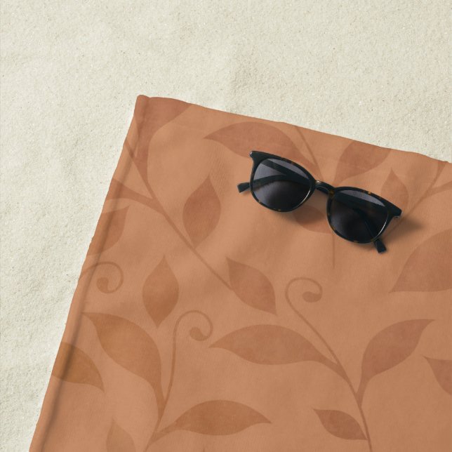 Elegant Brown Abstract Autumn Leaves Pattern Beach Towel (In Situ)