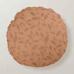 Elegant Brown Abstract Autumn Leaves Pattern Round Cushion