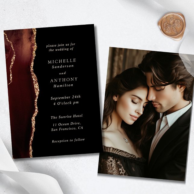 Elegant  Brown Agate Gold Photo Wedding Invitation (Creator Uploaded)