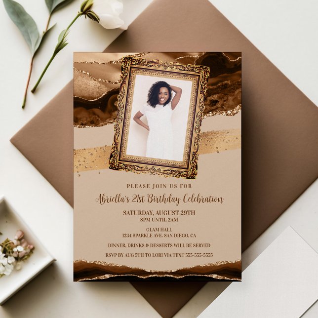 Elegant Brown Agate Photo Invitation (Creator Uploaded)