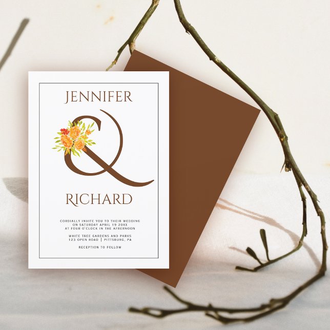 Elegant brown ampersand, orange roses fall wedding invitation (Creator Uploaded)