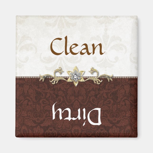 Elegant Brown and Cream Damask Dishwasher Magnet (Front)