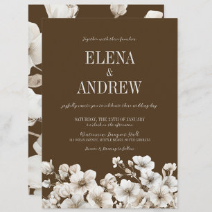 Elegant Brown and White Floral Wedding Invitation