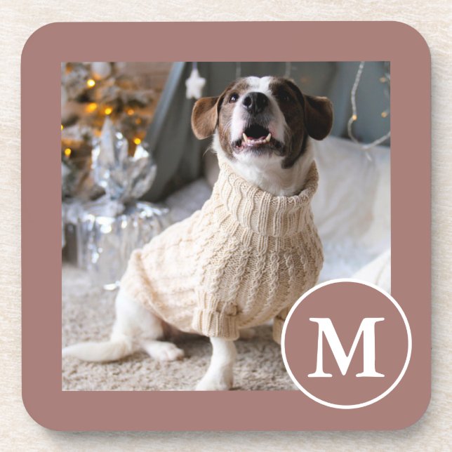 Elegant Brown and White Monogram Photo Coaster (Front)