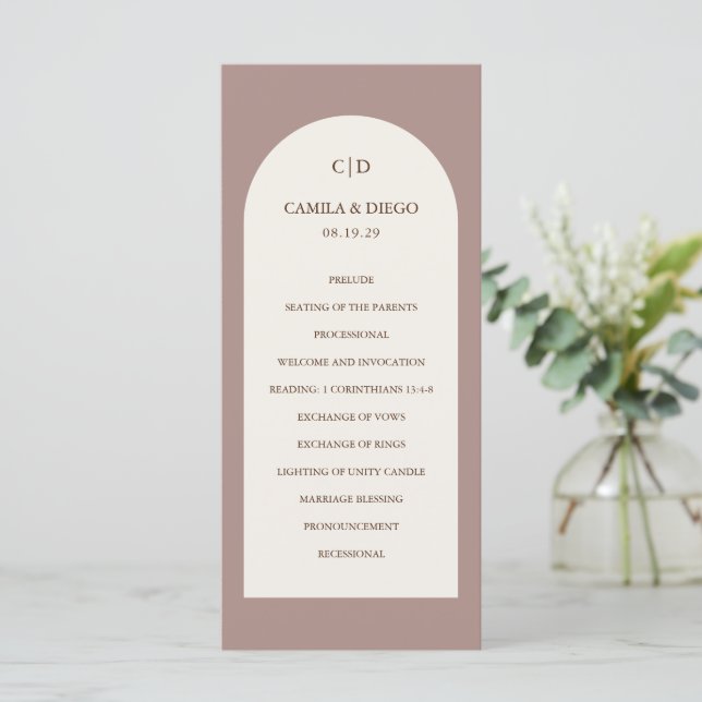 Elegant Brown Arch Modern Wedding Program (Standing Front)