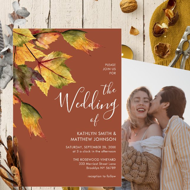 Elegant Brown Autumn Foliage Fall Wedding Photo Invitation (Creator Uploaded)