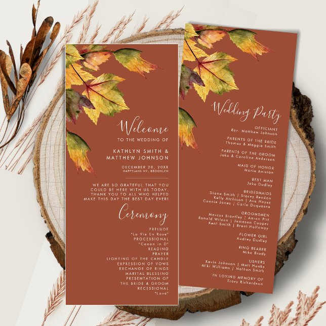Elegant Brown Autumn Foliage Modern Wedding Program (Creator Uploaded)