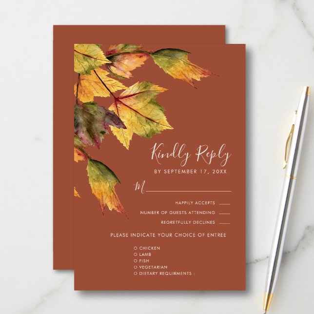 Elegant Brown Autumn Foliage Modern Wedding RSVP Card (Creator Uploaded)