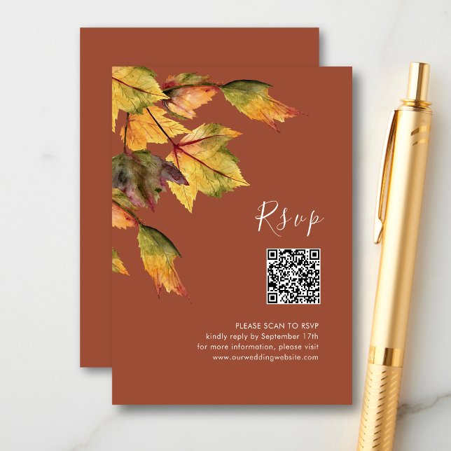 Elegant Brown Autumn Foliage QR Code RSVP Enclosure Card (Creator Uploaded)