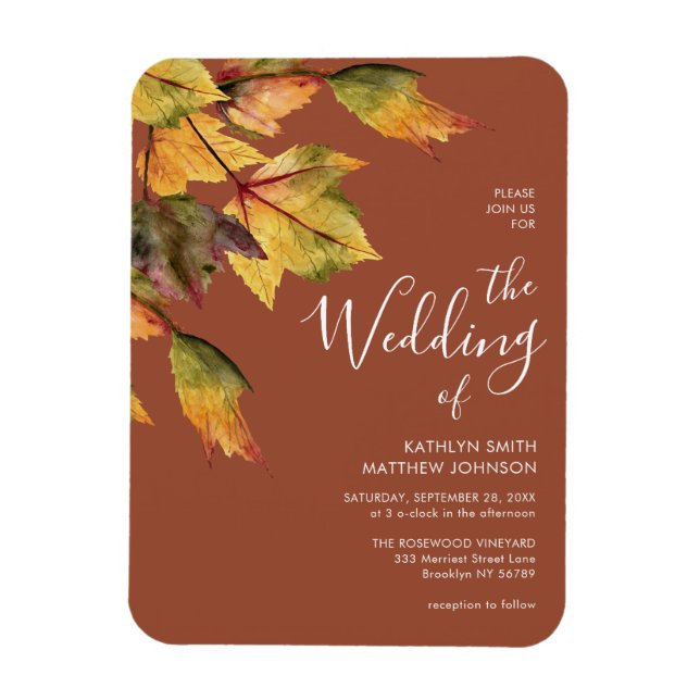 Elegant Brown Autumn Foliage Wedding Invitation Magnet (Vertical)