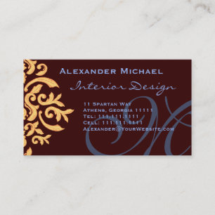 Elegant Brown Blue and Gold damask Name Cards