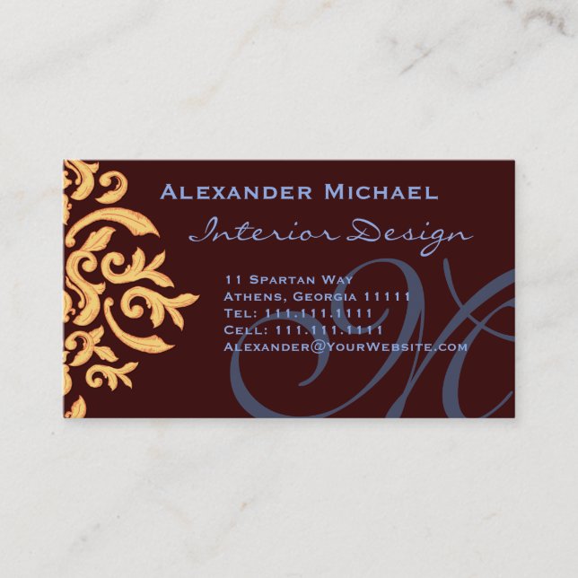 Elegant Brown Blue and Gold damask Name Cards (Front)
