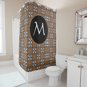 Elegant Brown Blue Geometric Pattern Monogram Shower Curtain